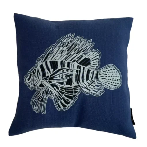 Galerie B - Outdoor Blue Embroidered Fish Cushion - 1 product image