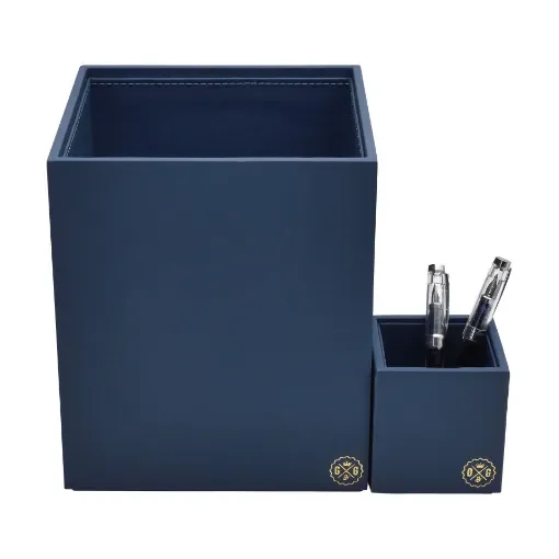 Collection Armand Blue Leather Wastepaper Basket - Size Medium -  20,00cm x  20,00cm x  23,50cm - Weight : 950 Gr - Gordon & Gaia product image