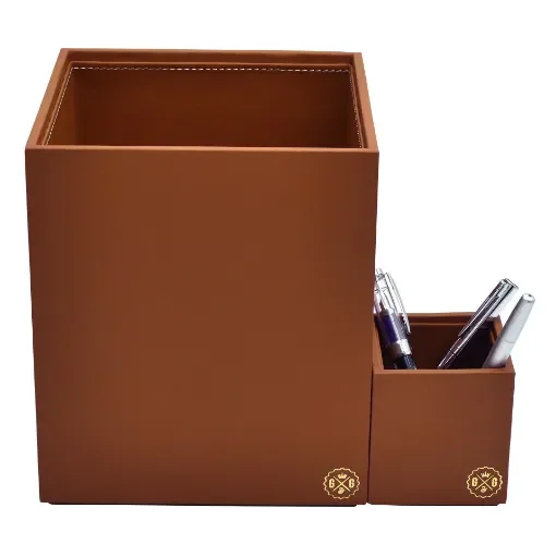 Collection Armand Light Brown Leather Wastepaper Basket - Size Medium -  20,00cm x  20,00cm x  23,50cm - Weight : 950 Gr - Gordon & Gaia product image
