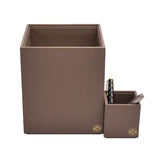 Collection Armand Taupe Gray Leather Wastepaper Basket - Size Medium -  20,00cm x  20,00cm x  23,50cm - Weight : 950 Gr - Gordon & Gaia product image
