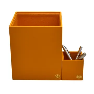 Collection Armand Orange Leather Wastepaper Basket - Size Medium -  20,00cm x  20,00cm x  23,50cm - Weight : 950 Gr - Gordon & Gaia product image
