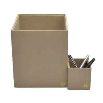 Collection Armand Beige Leather Wastepaper Basket - Size Medium -  20,00cm x  20,00cm x  23,50cm - Weight : 950 Gr - Gordon & Gaia product image