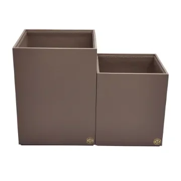 Collection Armand Taupe Gray Leather Wastepaper Basket - Size Large -  23,00cm x  23,00cm x  30,50cm - Weight : 1370 Gr - Gordon & Gaia product image