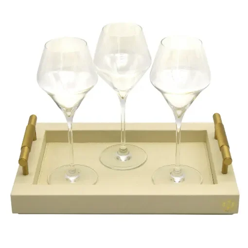 Collection Madeline Rectangular Tray With Golden Brass Handles - Covered In Meringue Grained Leather - Small Size - 30cm x  20cm x  3,5cm - Frame 2.5cm - Weight : 950 Gr - Gordon & Gaia product image