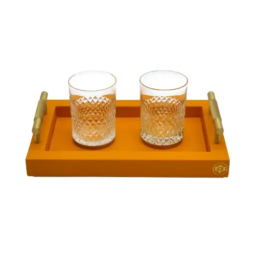 Collection Madeline Rectangular Tray With Golden Brass Handles - Covered In Orange Grained Leather - Small Size - 30cm x  20cm x  3,5cm - Frame 2.5cm - Weight : 950 Gr - Gordon & Gaia product image