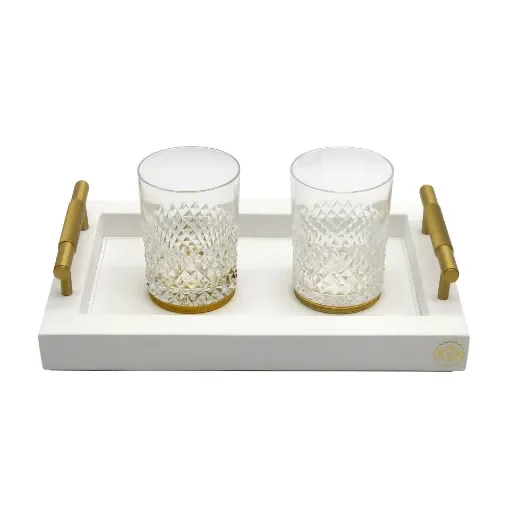 Collection Madeline Rectangular Tray With Golden Brass Handles - Covered In White Grained Leather - Small Size - 30cm x  20cm x  3,5cm - Frame 2.5cm - Weight : 950 Gr - Gordon & Gaia product image