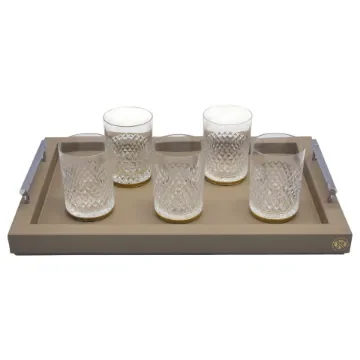 Collection Louis Rectangular Tray With Hexagonal Chrome Handles - Covered In Greige Grained Leather - Medium Size - 45cm x  30cm x  3,5cm - Frame 2.5cm - Weight : 1800 Gr - Gordon & Gaia product image