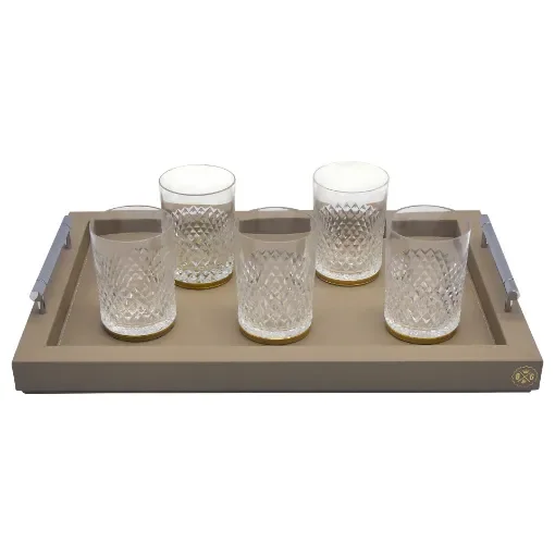 Collection Louis Rectangular Tray With Hexagonal Chrome Handles - Covered In Greige Grained Leather - Medium Size - 45cm x  30cm x  3,5cm - Frame 2.5cm - Weight : 1800 Gr - Gordon & Gaia product image