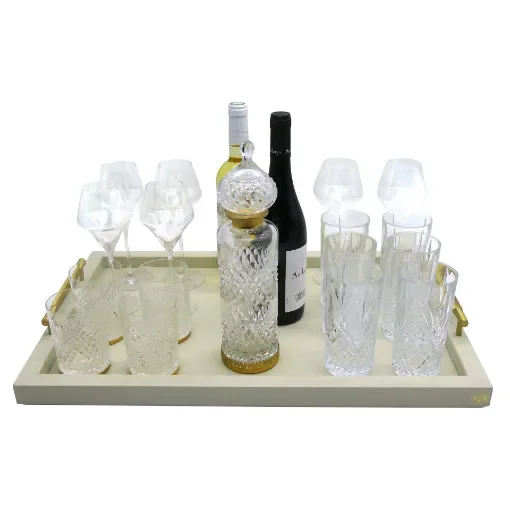 Collection Madeline Rectangular Tray With Golden Brass Handles - Covered In Gregale Grained Leather - Small Size - 60cm x  40cm x  3,5cm - Frame 2.5cm - Weight : 2750 Gr - Gordon & Gaia product image