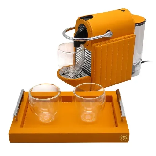 Collection Louis Rectangular Tray With Hexagonal Chrome Handles - Covered In Orange Grained Leather - Small Size - 30cm x  20cm x  3,5cm - Frame 2.5cm - Weight : 950 Gr - Gordon & Gaia product image