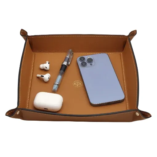 Collection Arthur - Cinnamon Leather Valet Tray With Eyelets - Size Large -  22,00cm x  22,00cm x  4,50cm - Weight : 260 Gr - Gordon & Gaia product image