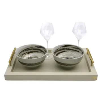 Collection Madeline Rectangular Tray With Golden Brass Handles - Covered In Gregale Grained Leather - Small Size - 45cm x  30cm x  3,5cm - Frame 2.5cm - Weight : 1800 Gr - Gordon & Gaia product image