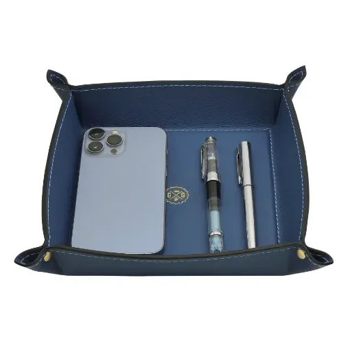 Collection Arthur - Ocean Blue Leather Valet Tray With Eyelets - Size Medium -  18,00cm x  18,00cm x  4,50cm - Weight : 200 Gr - Gordon & Gaia product image
