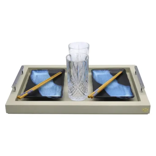 Collection Louis Rectangular Tray With Hexagonal Chrome Handles - Covered In Gregal Grained Leather - Medium Size - 45cm x  30cm x  3,5cm - Frame 2.5cm - Weight : 1800 Gr - Gordon & Gaia product image