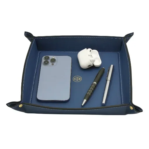 Collection Arthur - Ocean Blue Leather Valet Tray With Eyelets - Size Large -  22,00cm x  22,00cm x  4,50cm - Weight : 260 Gr - Gordon & Gaia product image