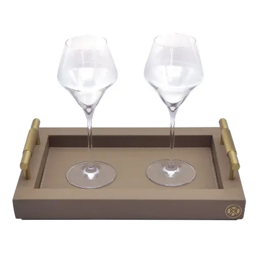 Collection Madeline Rectangular Tray With Golden Brass Handles - Covered In Greige Grained Leather - Small Size - 30cm x  20cm x  3,5cm - Frame 2.5cm - Weight : 950 Gr - Gordon & Gaia product image