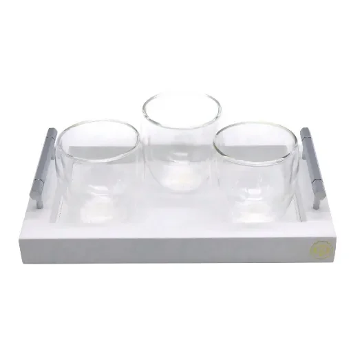 Collection Louis Rectangular Tray With Hexagonal Chrome Handles - Covered In White Grained Leather - Small Size - 30cm x  20cm x  3,5cm - Frame 2.5cm - Weight : 950 Gr - Gordon & Gaia product image