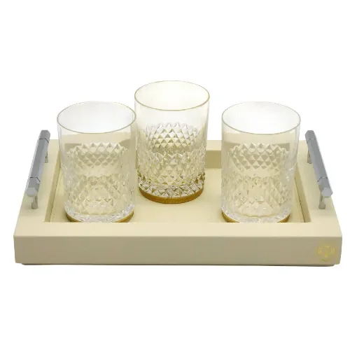 Collection Louis Rectangular Tray With Hexagonal Chrome Handles - Covered In Meringue Grained Leather - Small Size - 30cm x  20cm x  3,5cm - Frame 2.5cm - Weight : 950 Gr - Gordon & Gaia product image