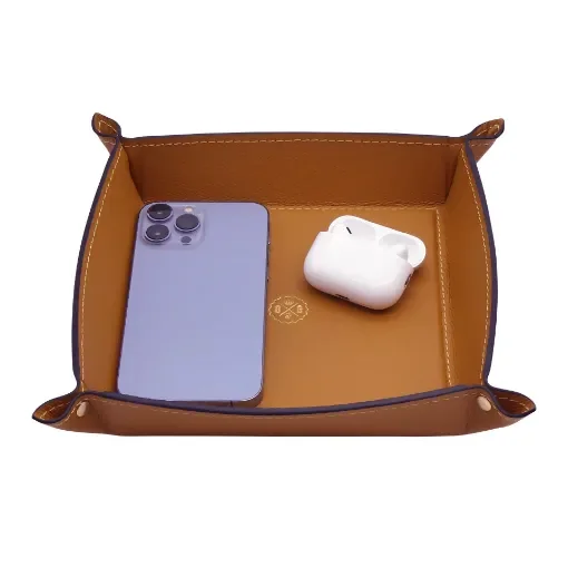 Collection Arthur - Cinnamon Leather Valet Tray With Eyelets - Size Medium -  18,00cm x  18,00cm x  4,50cm - Weight : 200 Gr - Gordon & Gaia product image