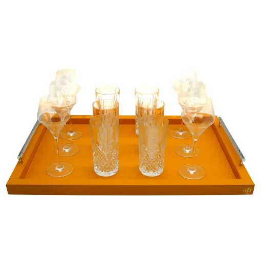 Collection Louis Rectangular Tray With Hexagonal Chrome Handles - Covered In Orange Grained Leather - Large Size - 60cm x  40cm x  3,5cm - Frame 2.5cm - Weight : 2750 Gr - Gordon & Gaia product image