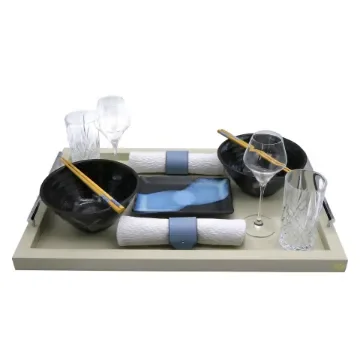 Collection Louis Rectangular Tray With Hexagonal Chrome Handles - Covered In Gregale Grained Leather - Large Size - 60cm x  40cm x  3,5cm - Frame 2.5cm - Weight : 2750 Gr - Gordon & Gaia product image