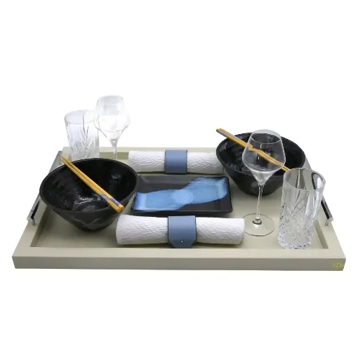 Collection Louis Rectangular Tray With Hexagonal Chrome Handles - Covered In Gregale Grained Leather - Large Size - 60cm x  40cm x  3,5cm - Frame 2.5cm - Weight : 2750 Gr - Gordon & Gaia product image