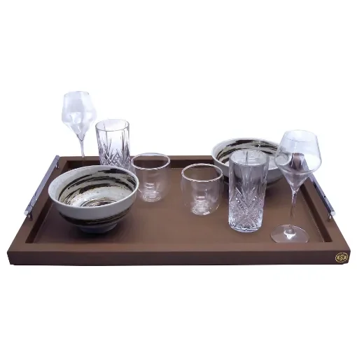 Collection Louis Rectangular Tray With Hexagonal Chrome Handles - Covered In Brown Grained Leather - Large Size - 60cm x  40cm x  3,5cm - Frame 2.5cm - Weight : 2750 Gr - Gordon & Gaia product image