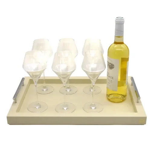 Collection Louis Rectangular Tray With Hexagonal Chrome Handles - Covered In Meringue Grained Leather - Medium Size - 45cm x  30cm x  3,5cm - Frame 2.5cm - Weight : 1800 Gr - Gordon & Gaia product image