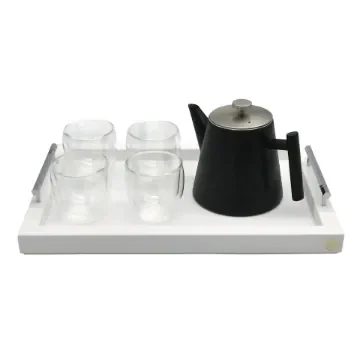 Collection Louis Rectangular Tray With Hexagonal Chrome Handles - Covered In White Grained Leather - Medium Size - 45cm x  30cm x  3,5cm - Frame 2.5cm - Weight : 1800 Gr - Gordon & Gaia product image