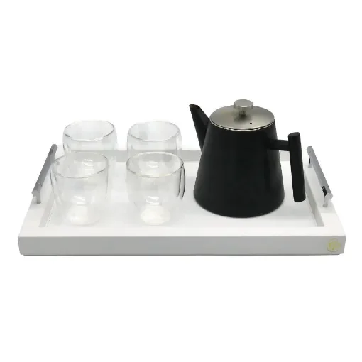 Collection Louis Rectangular Tray With Hexagonal Chrome Handles - Covered In White Grained Leather - Medium Size - 45cm x  30cm x  3,5cm - Frame 2.5cm - Weight : 1800 Gr - Gordon & Gaia product image