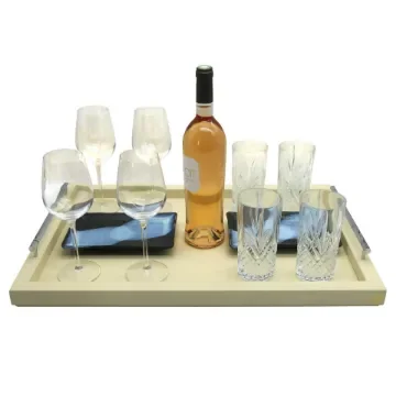 Collection Louis Rectangular Tray With Hexagonal Chrome Handles - Covered In Meringue Grained Leather - Large Size - 60cm x  40cm x  3,5cm - Frame 2.5cm - Weight : 2750 Gr - Gordon & Gaia product image