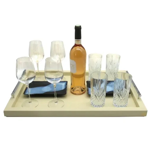 Collection Louis Rectangular Tray With Hexagonal Chrome Handles - Covered In Meringue Grained Leather - Large Size - 60cm x  40cm x  3,5cm - Frame 2.5cm - Weight : 2750 Gr - Gordon & Gaia product image