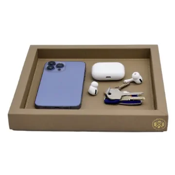 Collection Colette Square  Rigid Pin Tray Covered In Greige Grained Leather - Medium Size -   25cm x  25cm x  3,5cm - Frame 1.5cm - Weight : 770 Gr - Gordon & Gaia product image