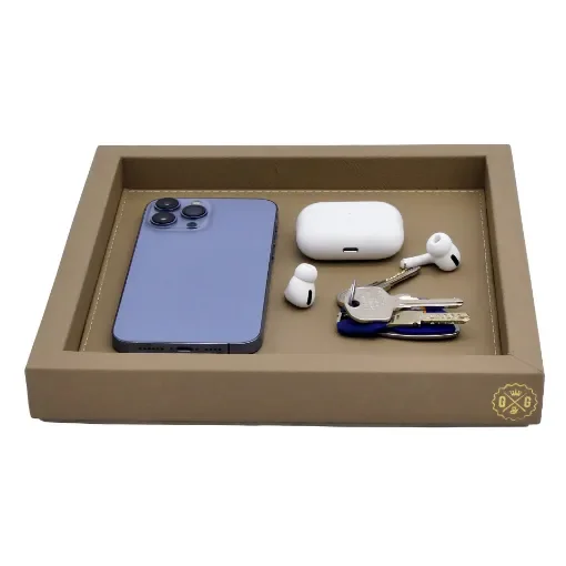 Collection Colette Square  Rigid Pin Tray Covered In Greige Grained Leather - Medium Size -   25cm x  25cm x  3,5cm - Frame 1.5cm - Weight : 770 Gr - Gordon & Gaia product image