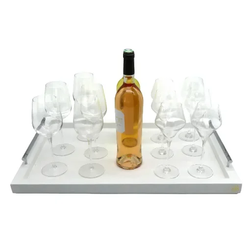 Collection Louis Rectangular Tray With Hexagonal Chrome Handles - Covered In White Grained Leather - Large Size - 60cm x  40cm x  3,5cm - Frame 2.5cm - Weight : 2750 Gr - Gordon & Gaia product image