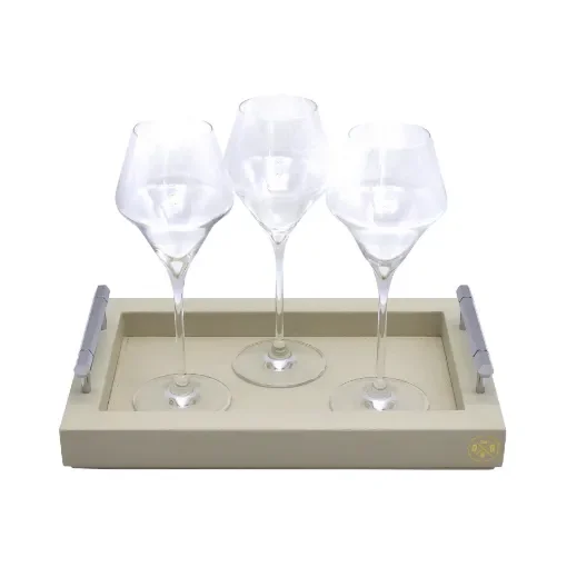 Collection Louis Rectangular Tray With Hexagonal Chrome Handles - Covered In Gregale Grained Leather - Small Size - 30cm x  20cm x  3,5cm - Frame 2.5cm - Weight : 950 Gr - Gordon & Gaia product image