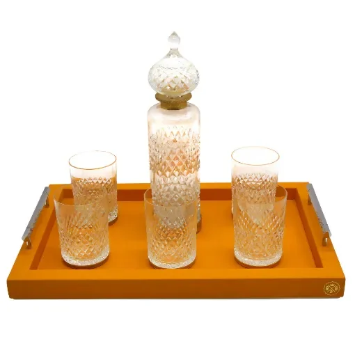Collection Louis Rectangular Tray With Hexagonal Chrome Handles - Covered In Orange Grained Leather - Medium Size - 45cm x  30cm x  3,5cm - Frame 2.5cm - Weight : 1800 Gr - Gordon & Gaia product image