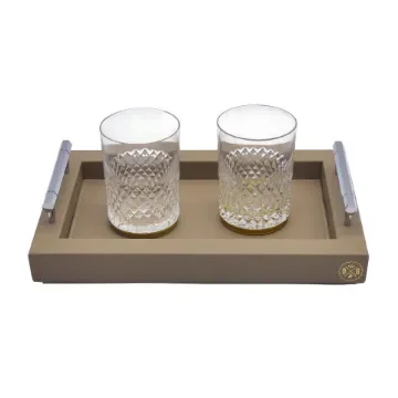 Collection Louis Rectangular Tray With Hexagonal Chrome Handles - Covered In Greige Grained Leather - Small Size - 30cm x  20cm x  3,5cm - Frame 2.5cm - Weight : 950 Gr - Gordon & Gaia product image