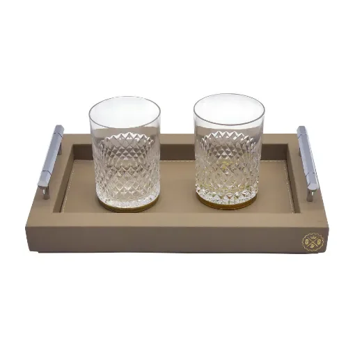 Collection Louis Rectangular Tray With Hexagonal Chrome Handles - Covered In Greige Grained Leather - Small Size - 30cm x  20cm x  3,5cm - Frame 2.5cm - Weight : 950 Gr - Gordon & Gaia product image