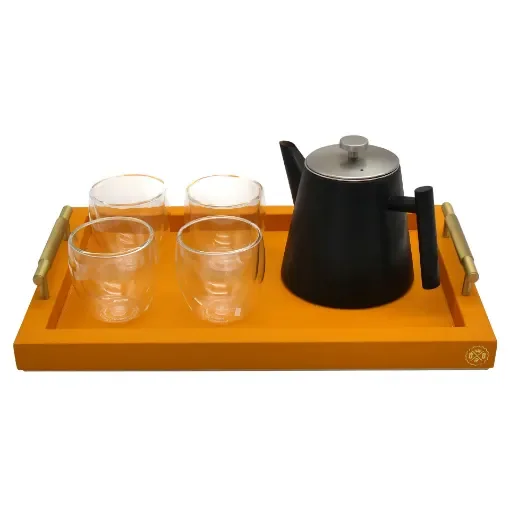 Collection Madeline Rectangular Tray With Golden Brass Handles - Covered In Orange Grained Leather - Small Size - 45cm x  30cm x  3,5cm - Frame 2.5cm - Weight : 1800 Gr - Gordon & Gaia product image