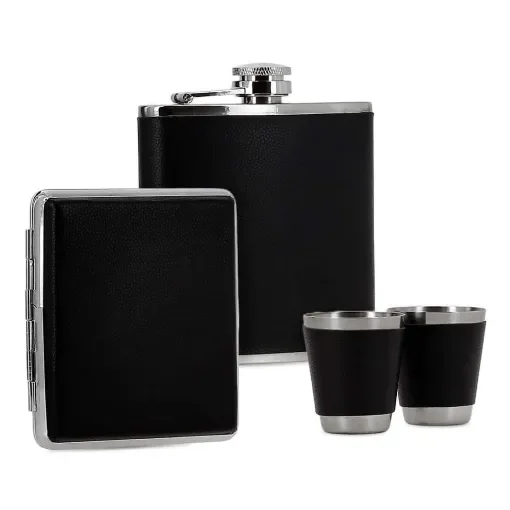 smoking - Alcohol Flask Box with Cigarette Case - Black Faux Leather product image