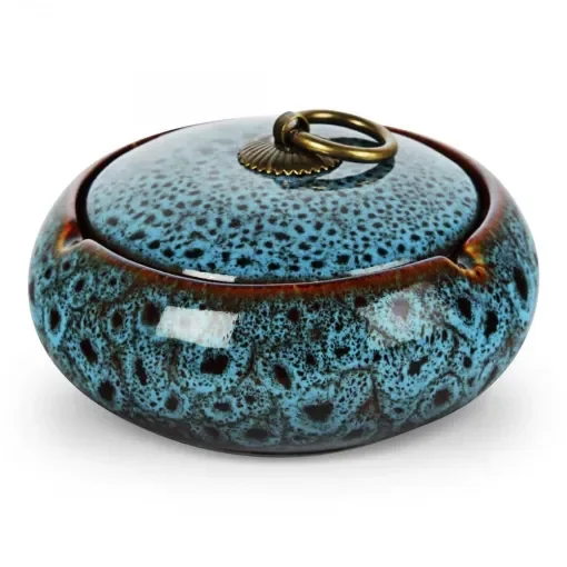 smoking - Ceramic Ashtray with Lid and Blue Copper Buckle product image