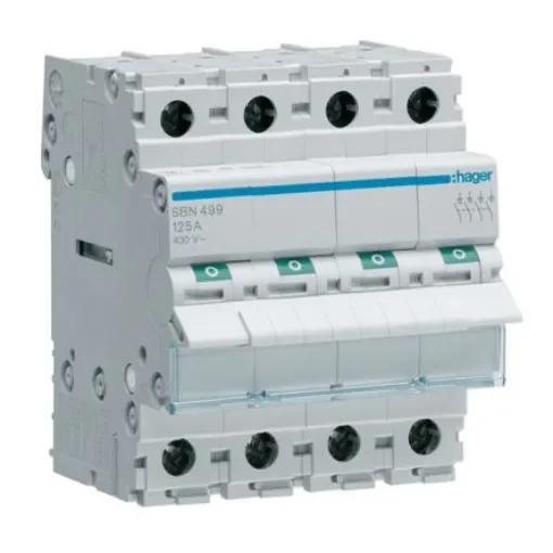 Hager 4P Pole Isolator Switch - 125A Maximum Current, IP20 - SBN499 product image