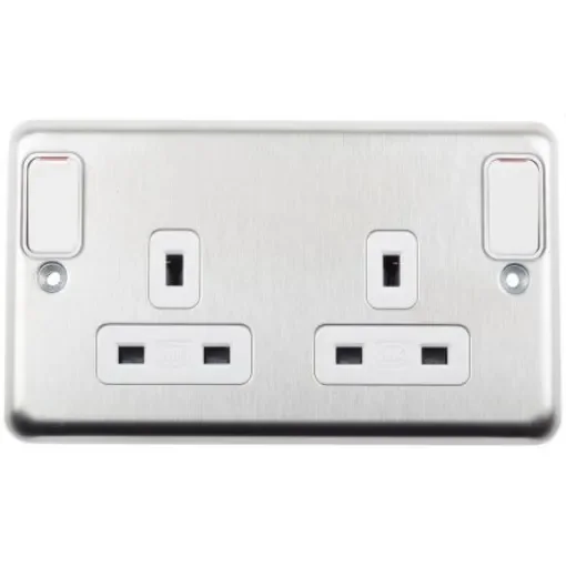 MK Electric Silver 2 Gang Plug Socket, 2 x 2P + E Poles, 13A, Type G - British - K2947BSS product image