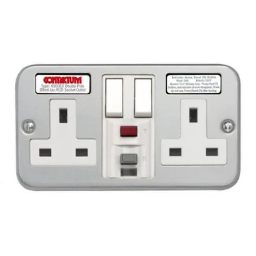Contactum 13A, BS 7288 Fixing, Active, 2 Gang RCD Socket, Wall Mount , Switched, IP2X, 230 V ac, Grey, Screwed - CLA4900M product image