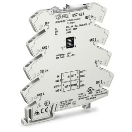 WAGO JUMPFLEX Series Signal Conditioner, Current, Voltage Input, Current Output, 24V dc Supply, ATEX, IECEx - 857-423 product image