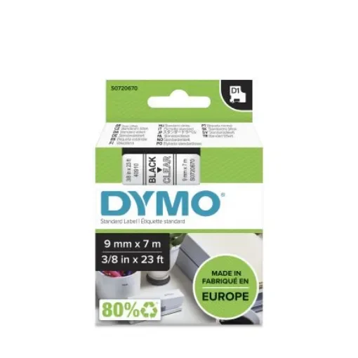 Dymo Black on Clear Label Printer Tape, 7 m Length, 9 mm Width - S0720670 product image