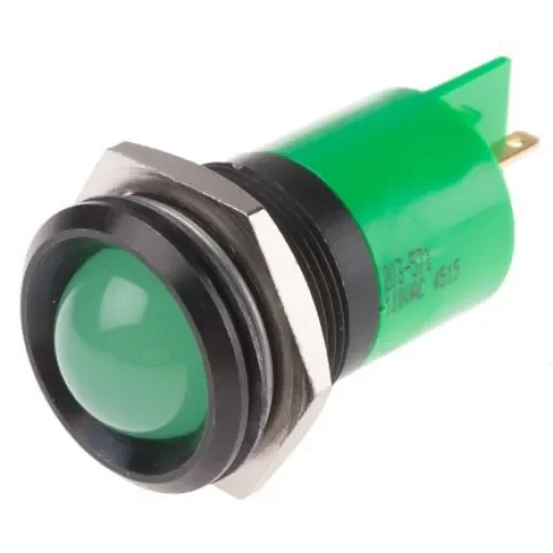 RS PRO Green Panel Mount Indicator, 110V ac, 22mm Mounting Hole Size, Solder Tab Termination - 203571 product image