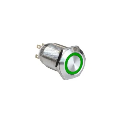 Bulgin MPI005 Series Illuminated Push Button Switch, Latching, Panel Mount, 19.2mm Cutout, SPST, Green LED, 12V, IP65 - MPI005RTELSGN12 product image