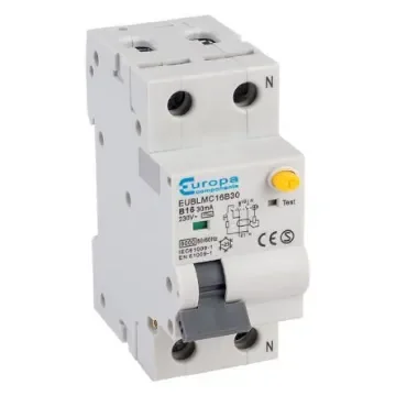 Europa RCBO, 16A Current Rating, 2P Poles, 30mA Trip Sensitivity, Type A, EUBLMC Range - EUBLMC16B30A product image